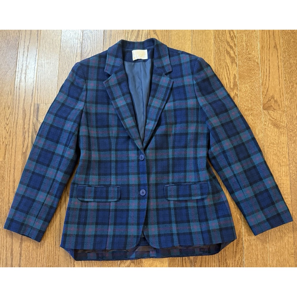 VTG Pendleton Blazer Jacket Womens 12 Blue Green Plaid Coat Classic USA Mature